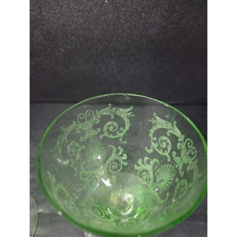 Fostoria Versailles Etched‎ Cocktail Glasses, Set of 2, Vtg Footed Uranium Glass